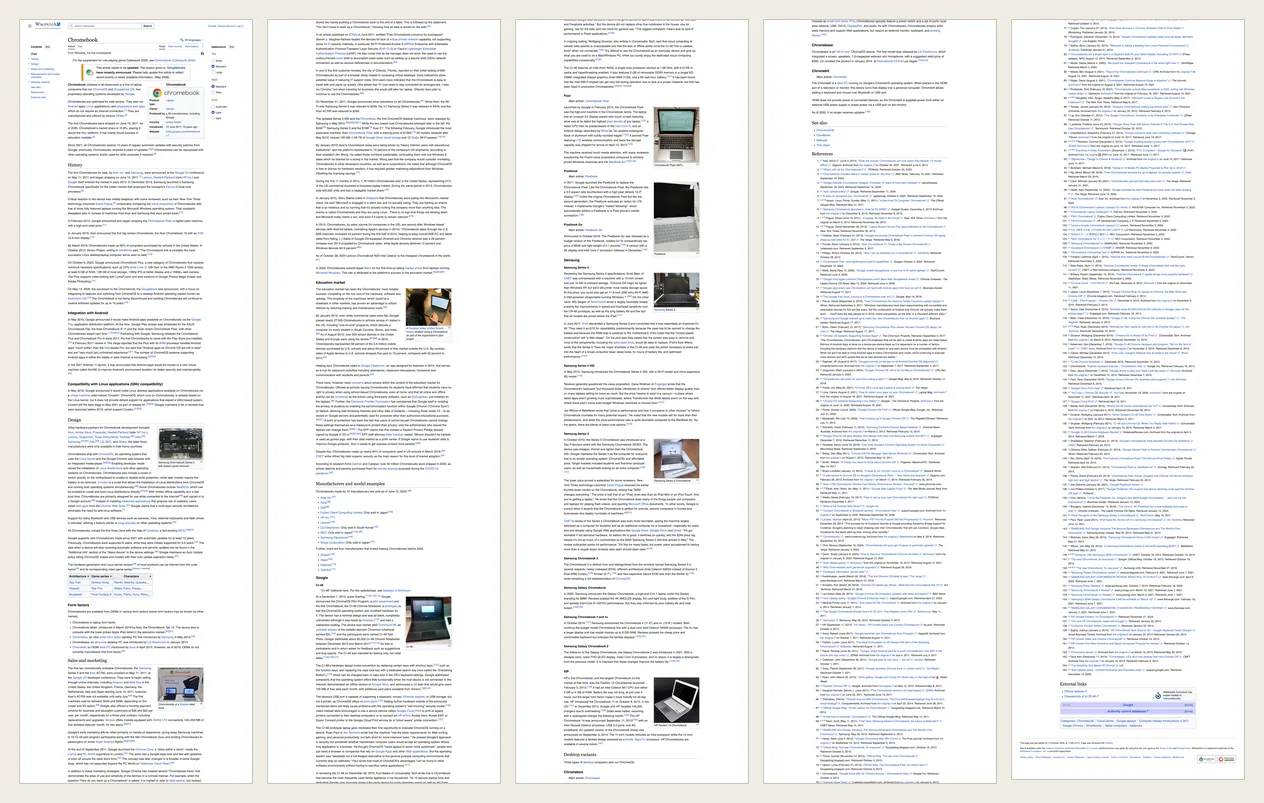 Full page screenshot of the Wikipedia Chromebook article from top to bottom, shown as five strips side by side