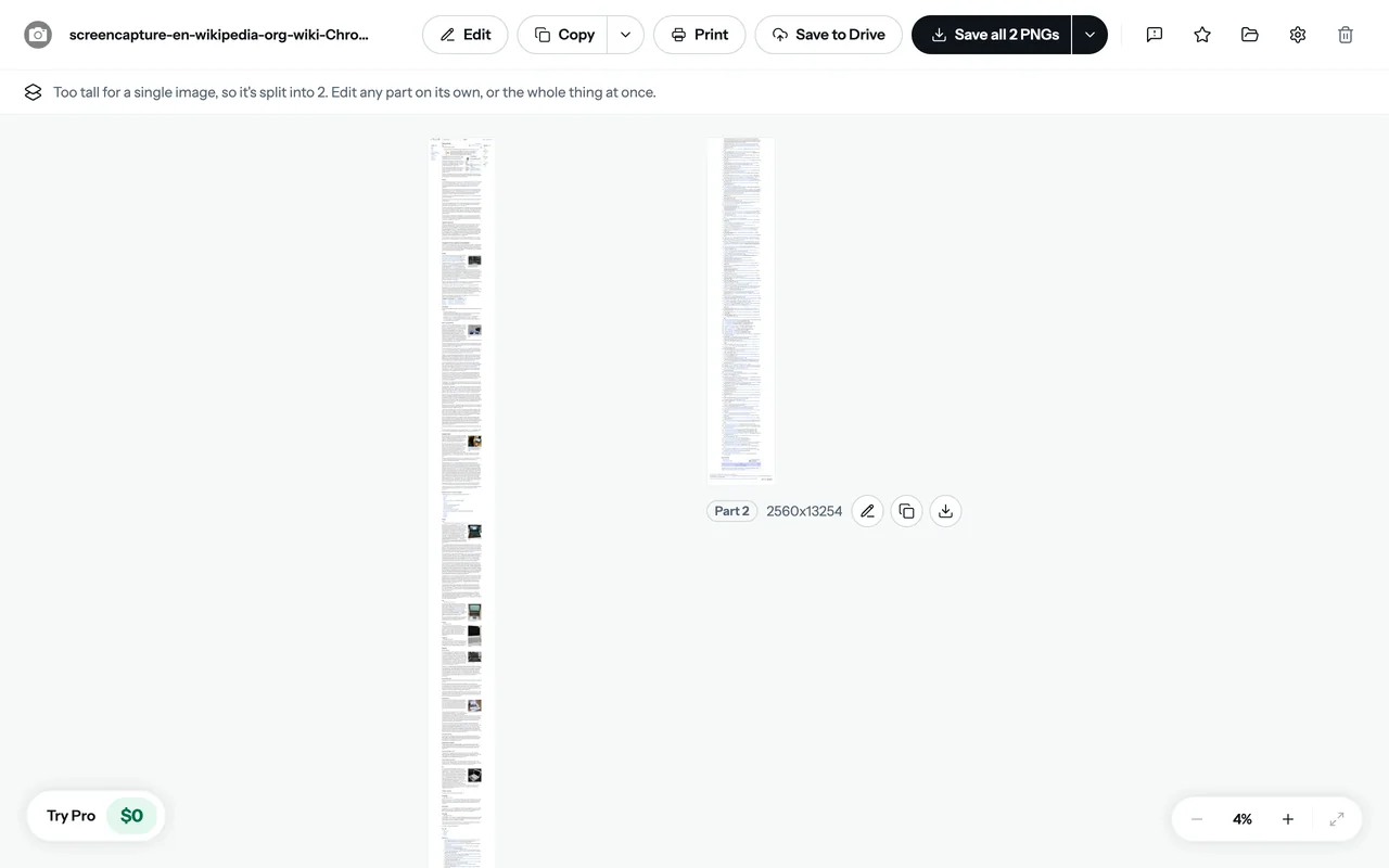 FullPage Capture result tab with Edit, Copy, Print, Save to Drive and Save all 2 PNGs buttons for a capture split into two parts