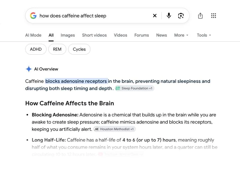Google results page with an AI Overview at the top for the search how does caffeine affect sleep