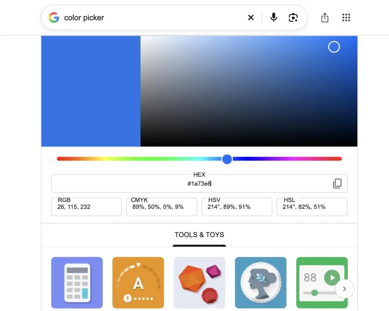 Google color picker converting HEX #1a73e8 to RGB 26, 115, 232, CMYK 89%, 50%, 0%, 9%, HSV and HSL