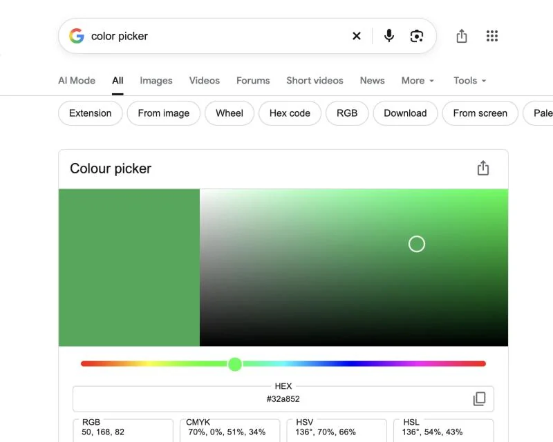 Google color picker in search results with a color square, hue slider and HEX, RGB, CMYK, HSV and HSL values